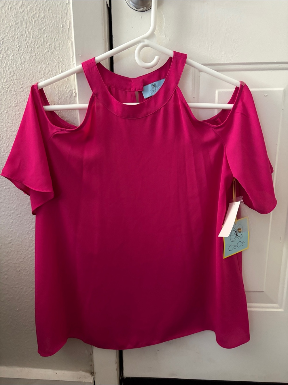 CeCe Cold-Shoulder Blouse in Hot Pink